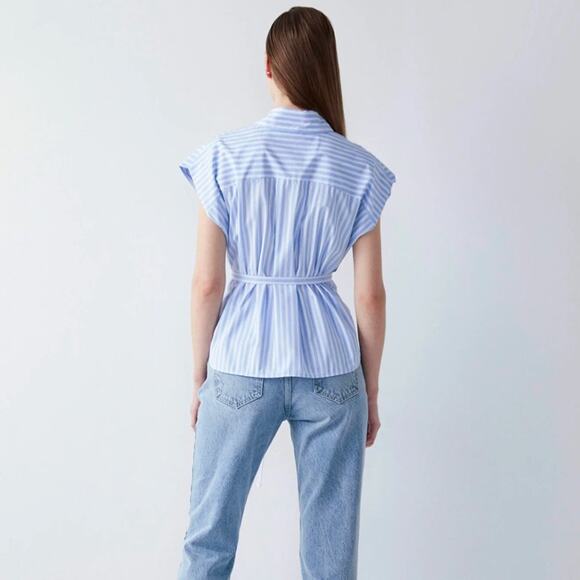 IPEKYOL Poplin Blouse Button Down w Belt Detail Blue White Size 42 - Picture 4 of 11